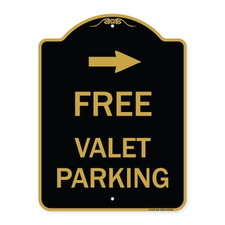 Free Valet Parking With Right Arrow, Black & Gold Aluminum Architectural Sign